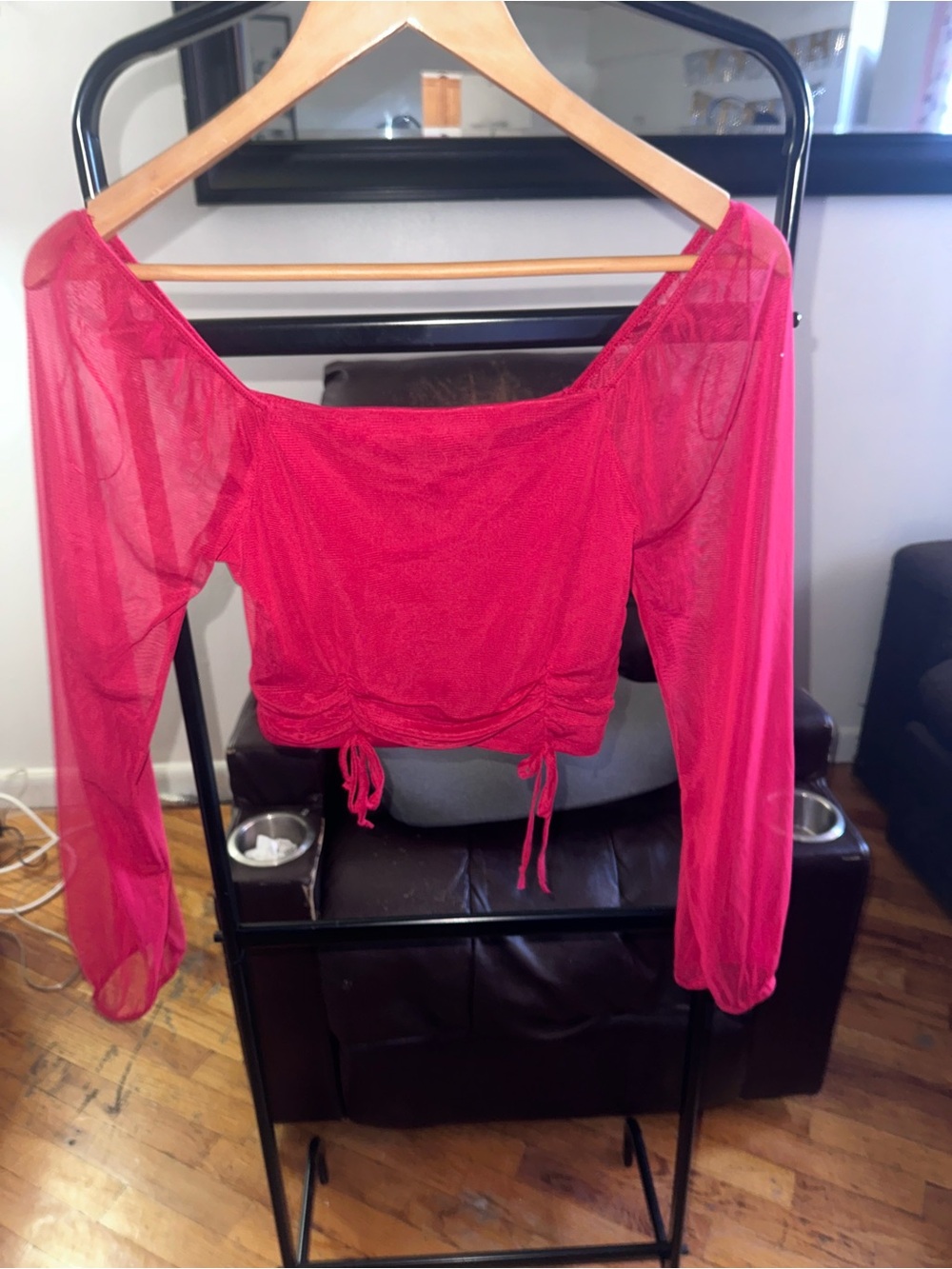 Ambiance Hot Pink Sheer Ruched Long-Sleeve Crop Top